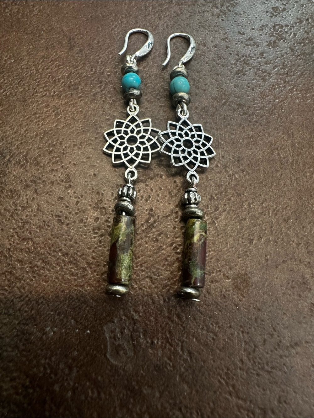 Turquoise & Dragon Blood Jasper Floral Drop Earrings - Women Jewelry